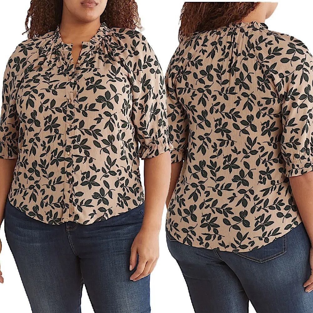 NWT Bobeau Patterned 3/4 Sleeve Button-Up Top Khaki/Deep Forest Leaf Size 2X